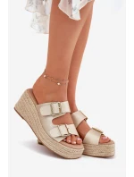 Klapki Damskie Na Koturnie Z Plecionką I Klamrami Złote Pasinea