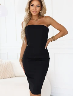 642-1 Korzetové midi šaty s odhalenými ramenami - čierne