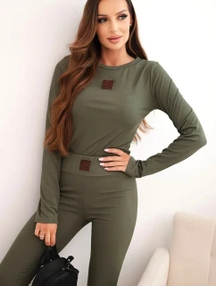 Dámsky bavlnený set s dlhým rukávom a legínami khaki