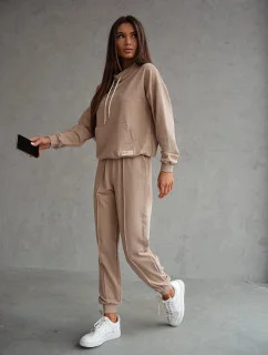 Béžová dámska tepláková súprava - mikina so stojačikom a nohavice (82162)