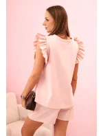 Dámska súprava s volánom - blúzka s krátkym rukávom a šortky s gumičkou tmavo púdrovo ružová