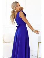 643-8 Elegantné večerné maxi šaty s rozparkom a ružami – chrpa 643-8 Elegantné večerné maxi šaty s rozparkom a ružami – chrpa