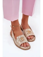 Skórzane Sandały Z Ozdobą Na Płaskim Obcasie S.Barski KV51-096 Złote