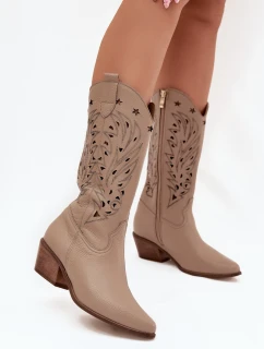 Skórzane Kozaki Z Ażurową Cholewką Zazoo 3714 Ciemnobeżowe