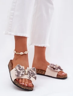 Damskie Klapki Z Kokardą Na Korkowej Platformie Beżowe Lisandrea