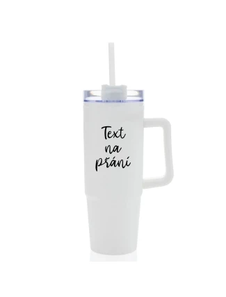 TEXT NA PŘÁNÍ - bílý cestovní termohrnek s průhledným víčkem 900 ml  