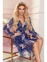 FRANCES - Tmavomodré kvetované dámske šifónové šaty s dekoltom 388-1 FRANCES - Tmavomodré kvetované dámske šifónové šaty s dekoltom 388-1
