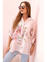 Dámska bavlnená blúzka s kvetinovým vzorom a gombíkmi púdrovo ružová