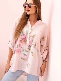 Dámska bavlnená blúzka s kvetinovým vzorom a gombíkmi púdrovo ružová