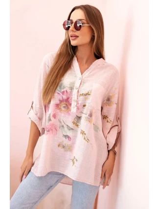 Dámska bavlnená blúzka s kvetinovým vzorom a gombíkmi púdrovo ružová