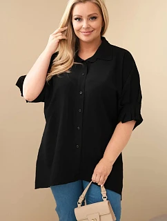 Dámske bavlnené tričko plus size s gombíkmi a golierom čierne