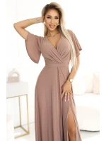 581-4 JENNIFER trblietavé dlhé šaty s rukávmi a výstrihom - MOCHA MOUSSE WITH BROKER