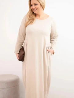 Dámske Plus veľkosť dlhý rukáv bavlnená sukňa s opaskom béžová