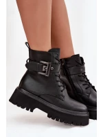 Skórzane Botki Workery Damskie Ocieplane Z Ozdobną Klamrą D&A MK52-032 Czarne