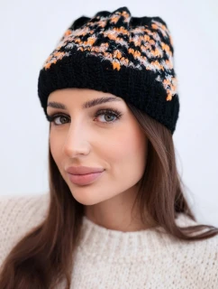 Dámska zimná čiapka s farebnými vzormi a hrubým úpletom K353 black+orange