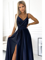 JULIET - Elegantné tmavo modré dlhé dámske saténové šaty s výstrihom 512-2