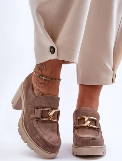 Eleganckie Półbuty Na Słupku Ze Złotą Ozdobą Beżowe Lemar Harmell