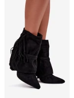 Botki Damskie Na Słupku Z Frędzlami I Złotymi Klamrami Czarne Evelisse