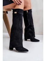 Kozaki Na Słupku Z Wywiniętą Cholewką Ocieplane Czarne Urelli