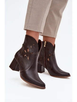 Skórzane Ażurowe Botki Damskie Na Słupku Zazoo 3647 Czekoladowe