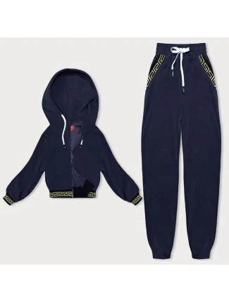 Tmavo modrý teplákový rebrovaný komplet s ozdobnými sťahovacími lemami (AMG-345A)