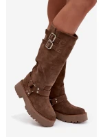 Kožené semišové dámské kozačky s přezkami zateplené Big Star OO274A182 béžové