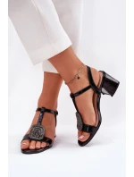 Skórzane Lakierowane Sandały Damskie Na Słupku Z Ozdobą Vinceza 91134 Czarne