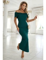 644-1 Zmyselné španielske midi šaty s mašľou vo výstrihu - fľaškovo zelené