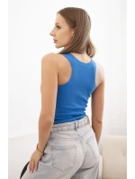 Dámsky prúžkovaný top na ramienka s ozdobnou aplikáciou džínsov modrý
