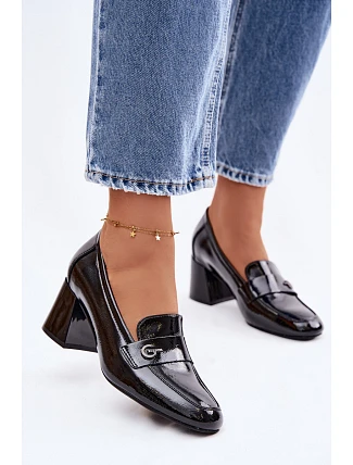Kožené Lakované Dámské Lodičky na Podpatku Vinceza 18119 Černé