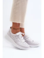 Ażurowe Damskie Sneakersy Na Koturnie Skóra Naturalna Jasnoszare S.Barski LR482