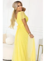 562-8 NASTIA Dlhé šaty so srdiečkovým výstrihom, podšívkou a krátkymi rukávmi - citrónové limoncello