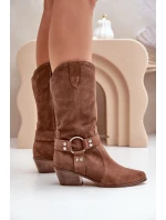 Zazoo 3669 Zamszowe Kozaki Kowbojki Damskie Do Połowy Łydki Brązowe