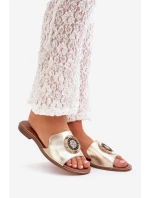 Skórzane Klapki Z Ozdobą Na Płaskim Obcasie Zazoo 3047/O Złote