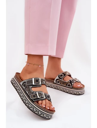 Klapki Ze Zdobieniem I Klamrami Na Platformie Czarne Mellene