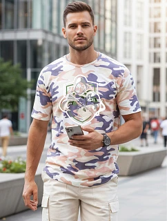 Pánske klasické tričko s kamuflážovým vzorom a potlačou, béžové, FashionStreet NX2003R