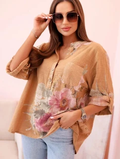 Dámska bavlnená blúzka s kvetinovým vzorom a gombíkmi - ťavia