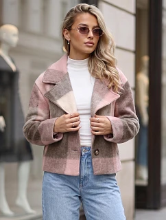 Krótki płaszcz damski z wełną w dużą kratę różowy FashionStreet NY0833