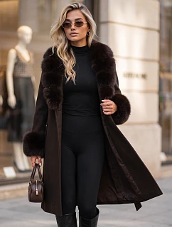 Dámsky kabát s odnímateľným kožušinovým golierom, hnedý, FashionStreet TY6076