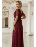 635-5 MELANIA Dlhé lesklé šaty s výstrihom a krátkymi rukávmi - bordové