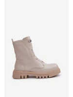 Ocieplane Botki Workery Damskie Na Zamek Eko Skórzane Jasnobeżowe Mailyra