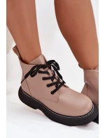 Ocieplane Botki Damskie Na Platformie Sznurowane Ciemnobeżowe Harmine