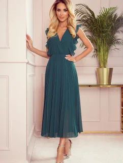 EMILY - Plisované dámske šaty v fľaškovo zelenej farbe s volánikmi a výstrihom 315-1