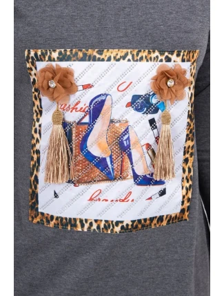 Šaty s 3D grafikou a ozdobnými volánmi grafitovej farby