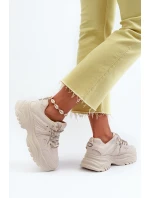Sneakersy Damskie Na Masywnej Podeszwie Z Ozdobnym Sznurowaniem Beżowe Relissa