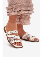 Zdobione Klapki Damskie Na Płaskim Obcasie Z Paskami I Klamrą Białe Manitte