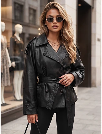 Dámska dvojradová bunda z ekokože s opaskom, čierna, FashionStreet TY5911 Dámska dvojradová bunda z ekokože s opaskom, čierna, FashionStreet TY5911