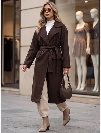 Dámsky dvojradový kabát s opaskom, hnedý, FashionStreet NY0785