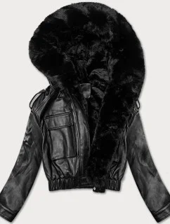 Krátka prechodná kožená bunda s kožušinou J Style čierna (11Z8172)