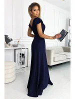 411-3 CRYSTAL dlhé trblietavé šaty s výstrihom - ZELENÉ